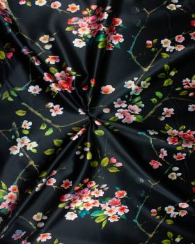 Satin with flowers print on backgroud Black - Tissushop